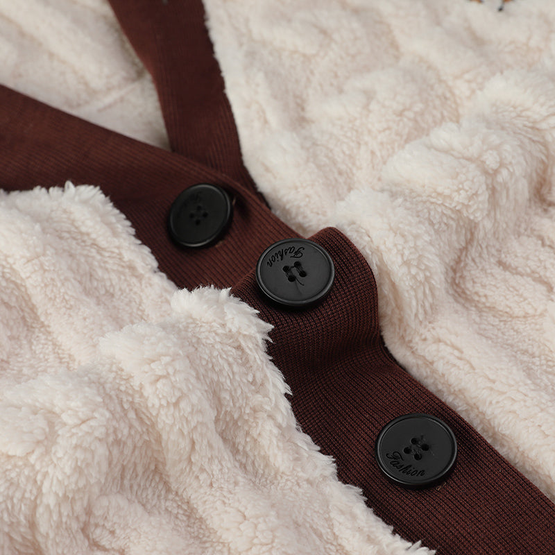 SMR female beige V-neck chest cat jacquard Coral velvet pajama set, winter warm home set